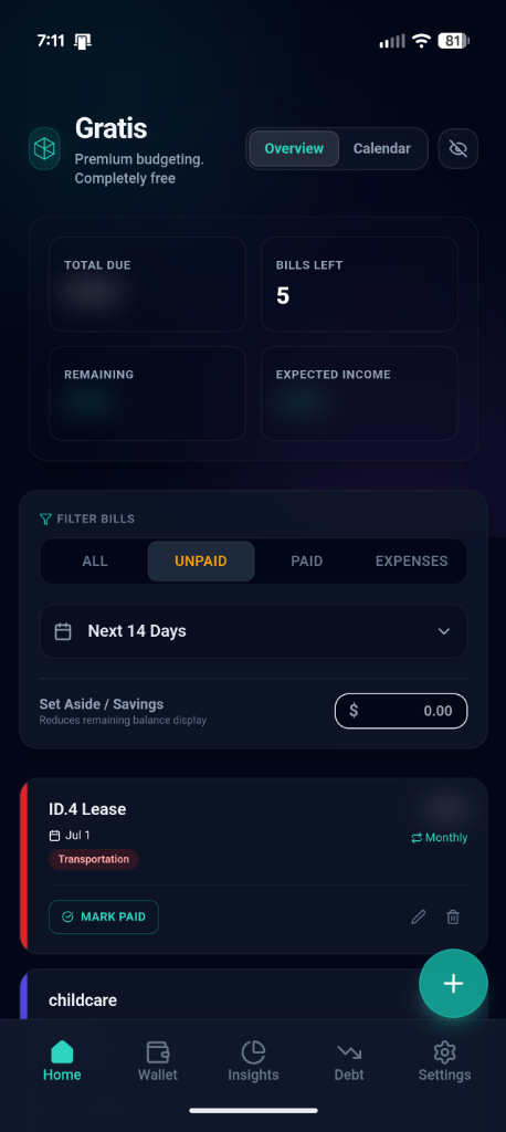 Gratis Dashboard Screenshot